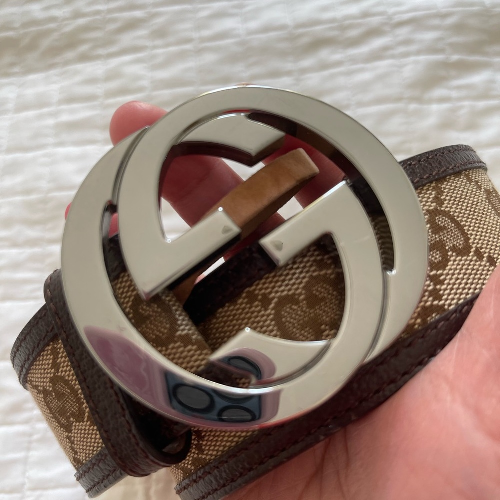 ❌SOLD❌💯Authentic Gucci Canvas Leather Silver Interlocking Buckle belt size 38 - Picture 15 of 15